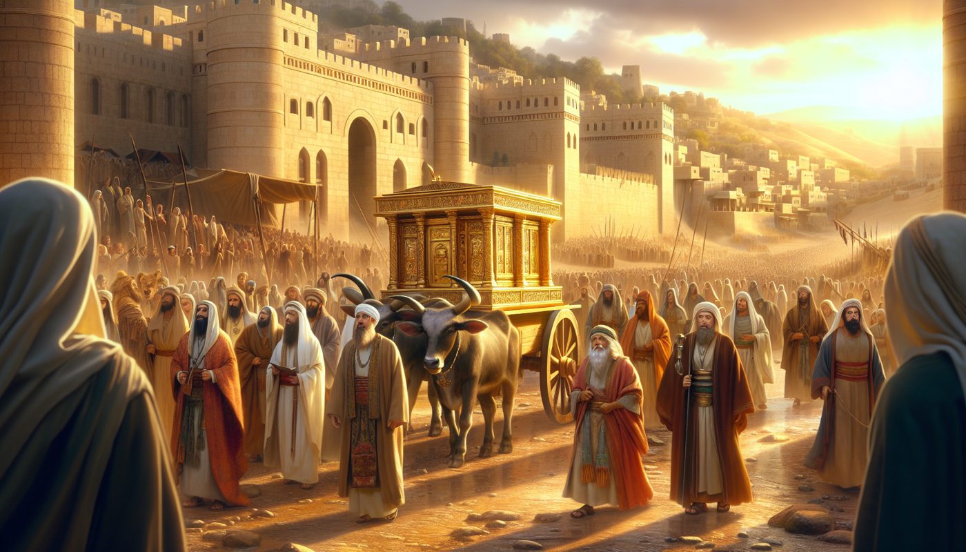 Here’s a concise and engaging Hindi title for your Bible story within 100 characters:  

**राजा दाऊद और परमेश्वर के सन्दूक की विजयी वापसी**  

(Character count: 50)  

This title captures the essence of the story while being brief and impactful. Let me know if you'd like any refinements!